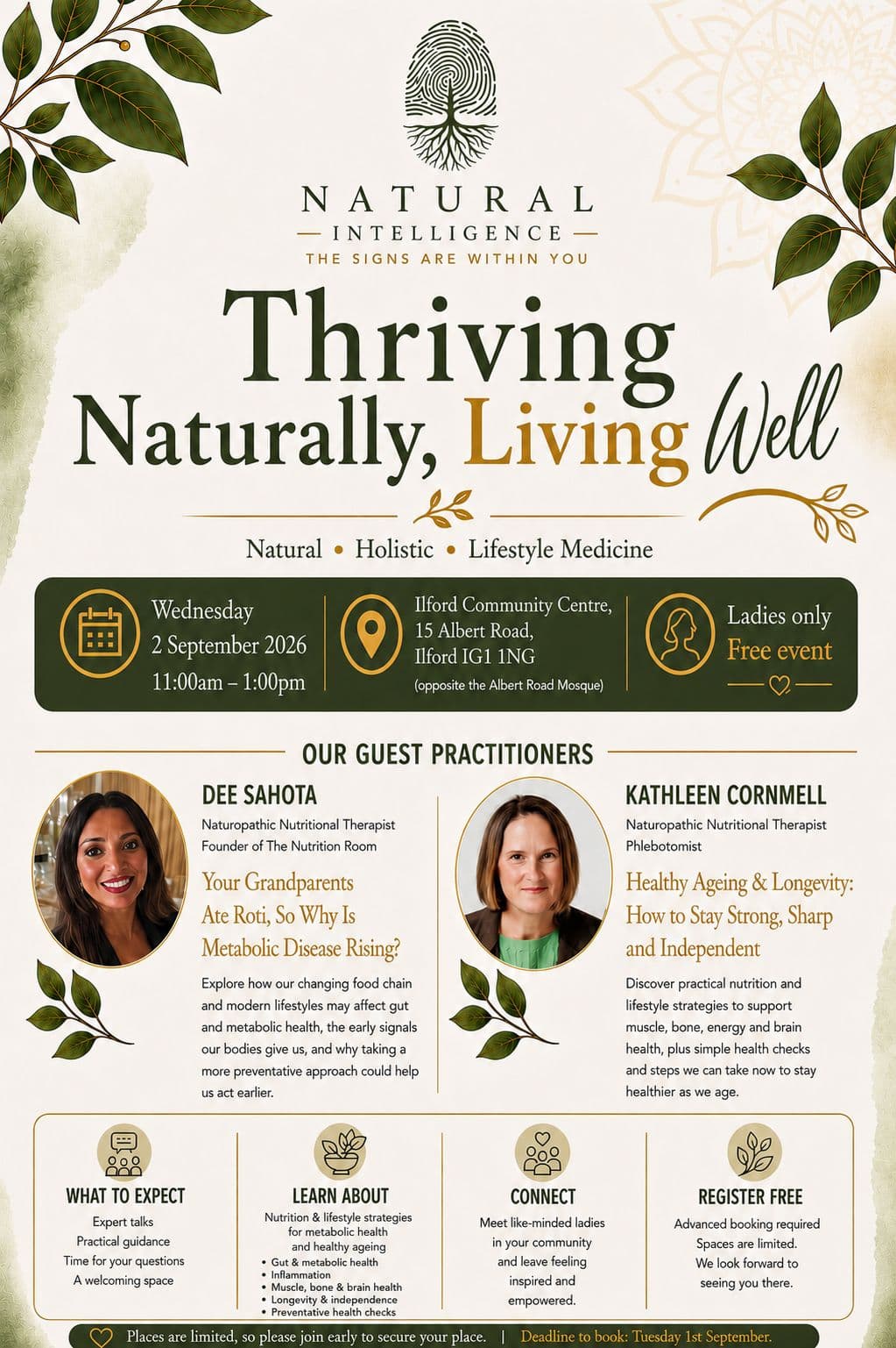Natural Intelligence poster for the free ladies’ health workshop Thriving Naturally, Living Well in Ilford on Wednesday 2 September 2026.